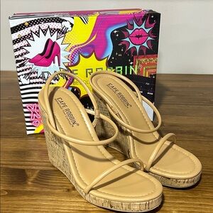 Cape Robbin Beige Tan Cork Wedge Sandals — Strappy Slingback Heels NIB size 7